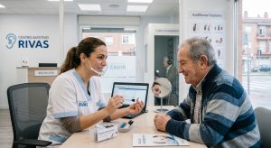 Audioprotesista conversando con un paciente mayor en la consulta de un centro auditivo